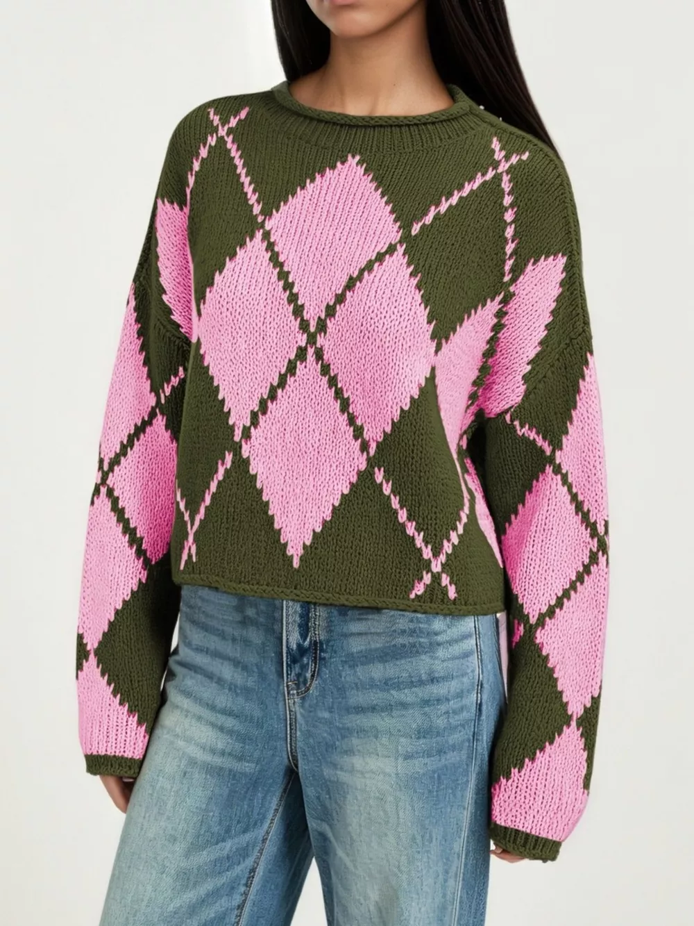 Argyle Pattern Knit Dropped Shoulder Sweater, image 2