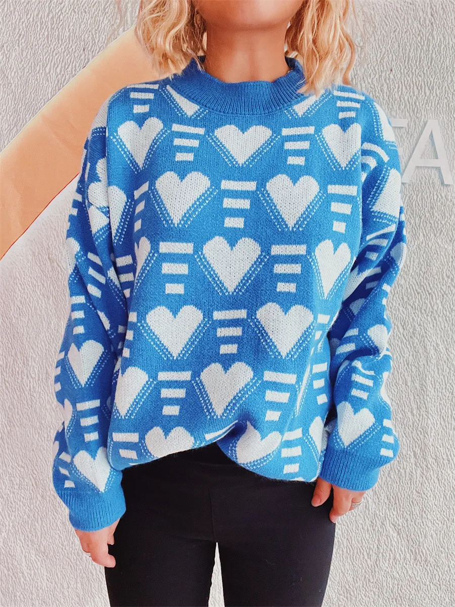 Heart Contrast Long Sleeve Dropped Shoulder Sweater, image 23