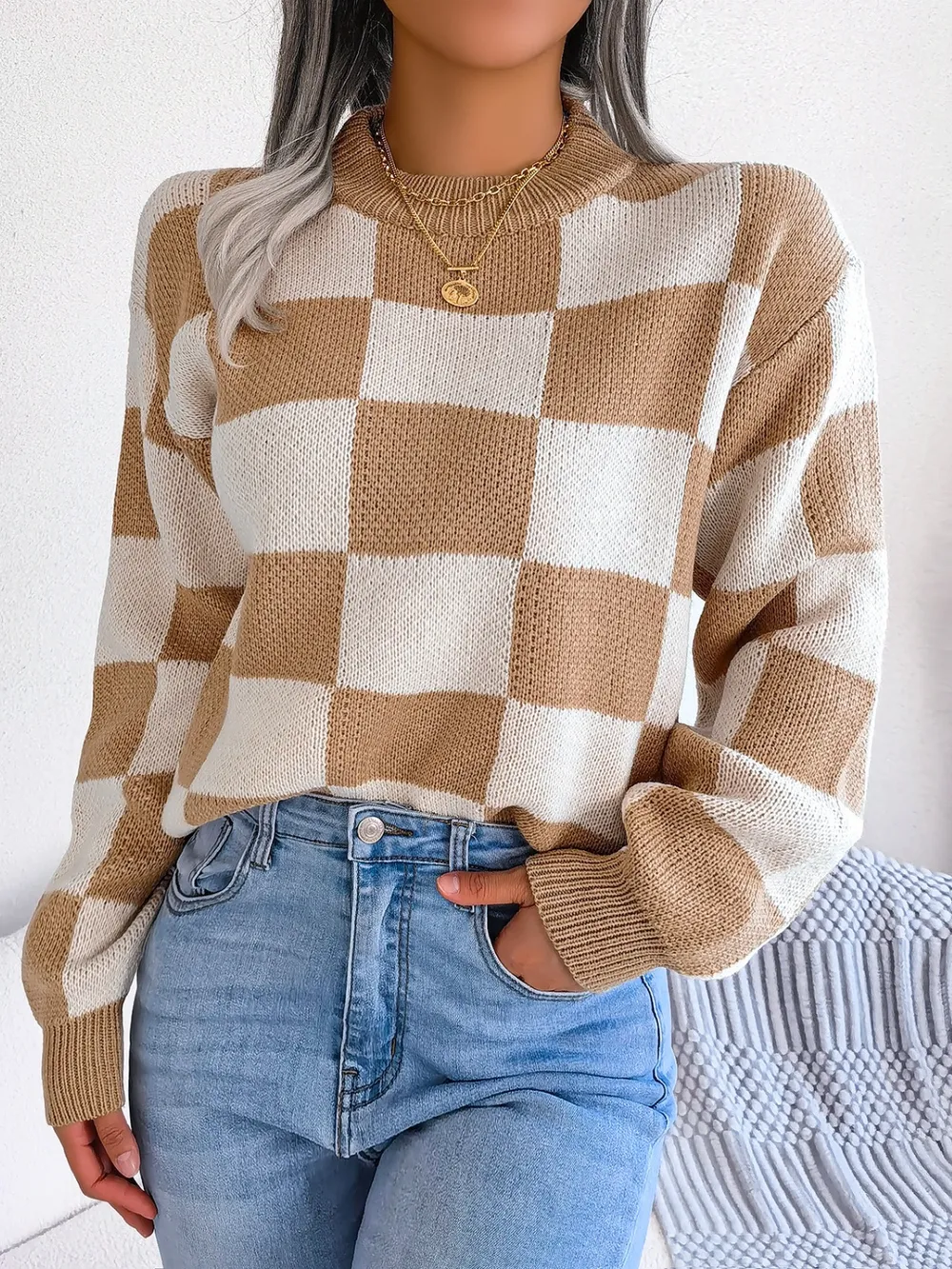 Checkered Mock Neck Long Sleeve Sweater, image 7