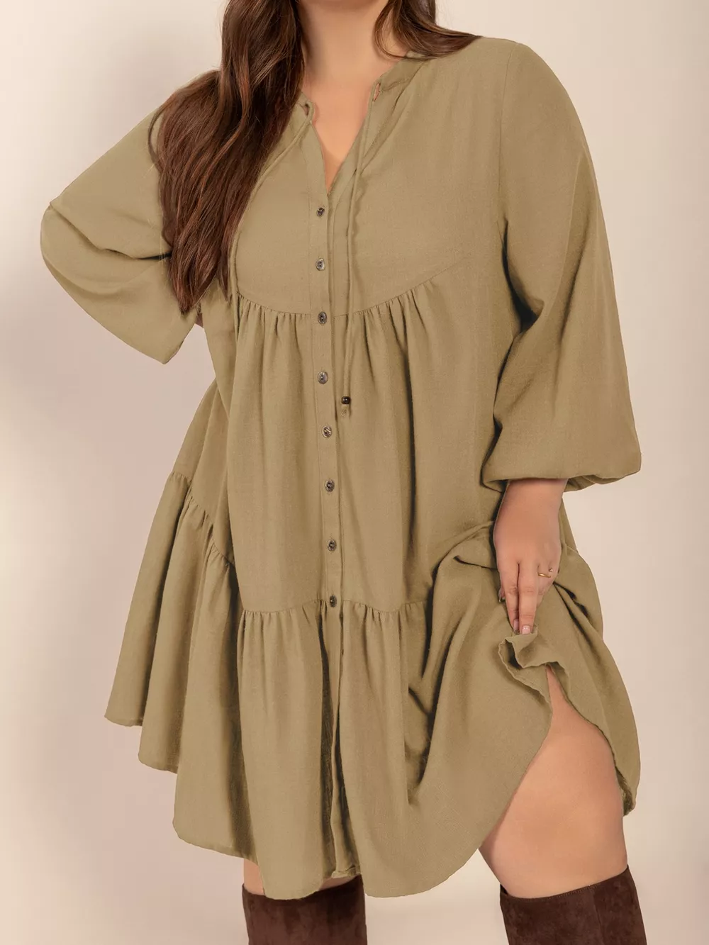 Plus Size Tie Neck Balloon Sleeve Dress, image 5