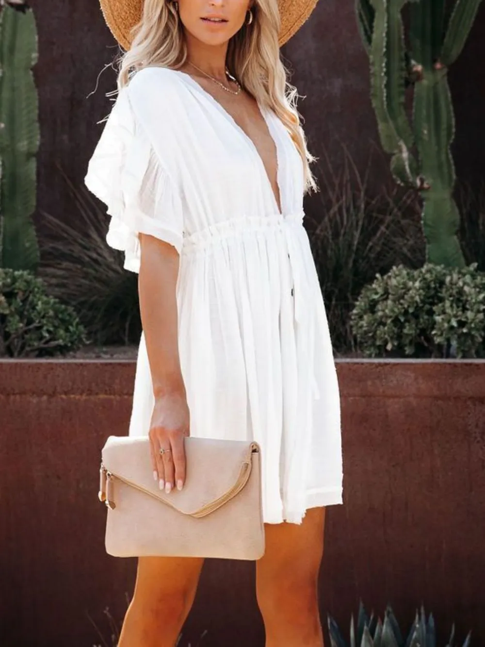 Drawstring Ruffled Half Sleeve Mini Dress, image 9