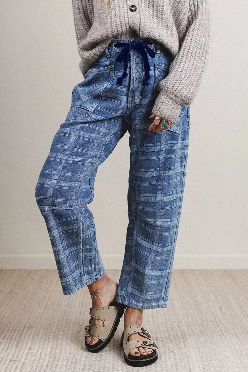 Plaid Denim Grommet Drawstring Waist Ankle-Length Jeans, image 3