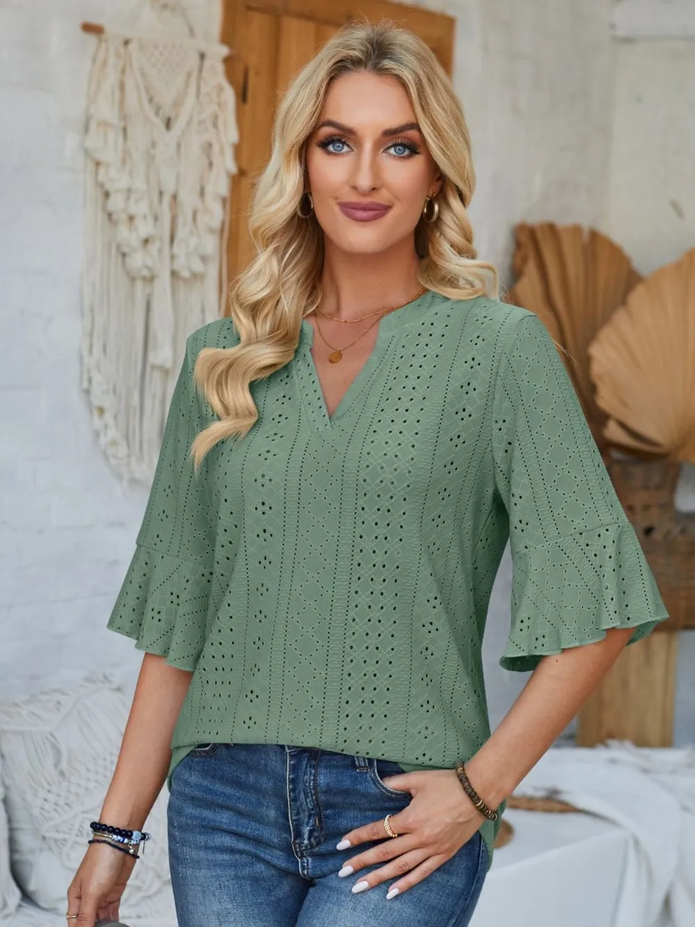 Eyelet Notched Half Sleeve T-Shirt, image 14