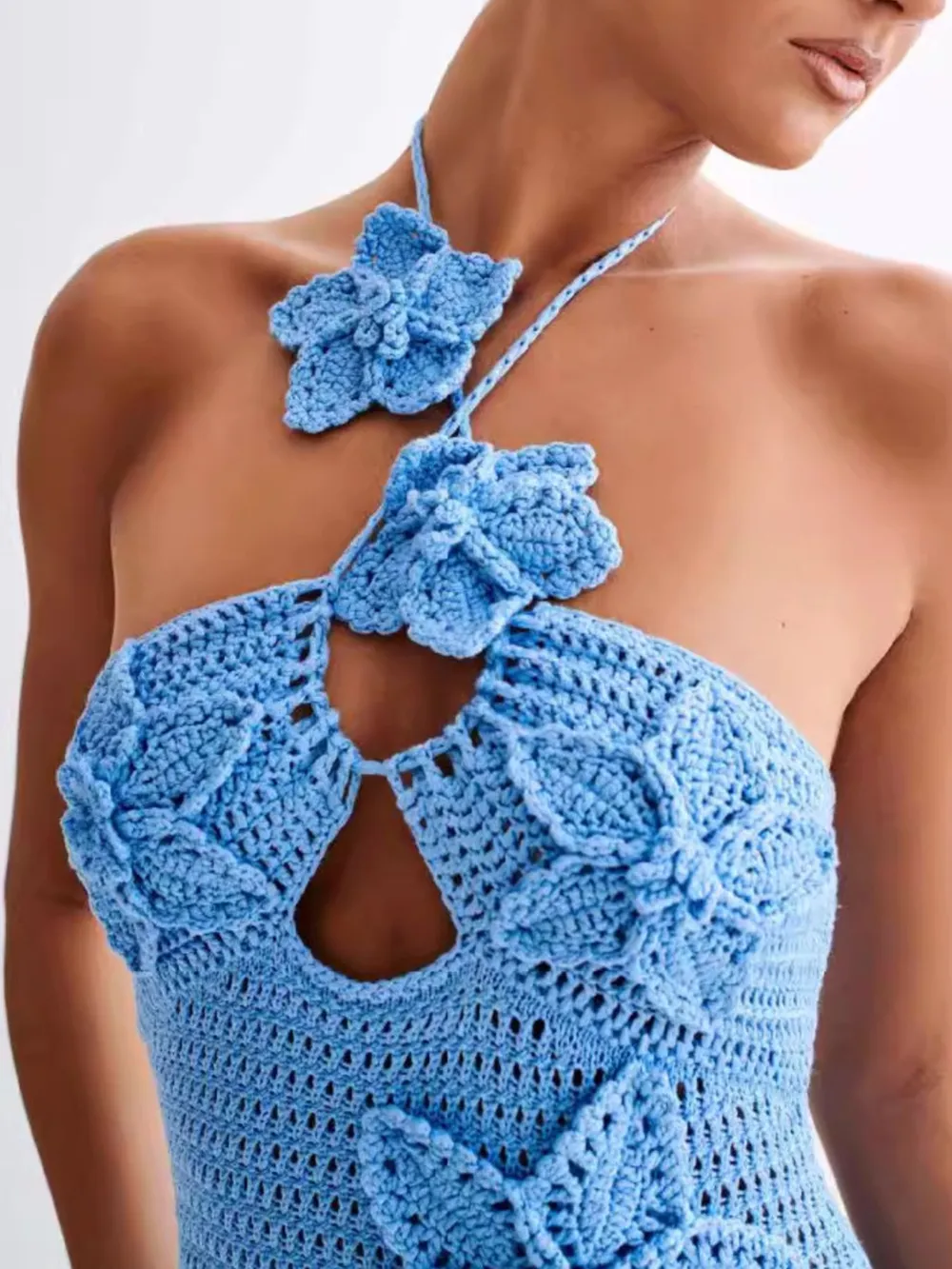 Crochet Floral Halter Knit Cover Up Dress, image 7