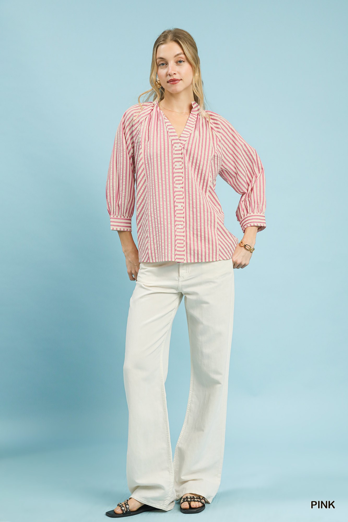 Striped V-Neck Button Down Top, image 3