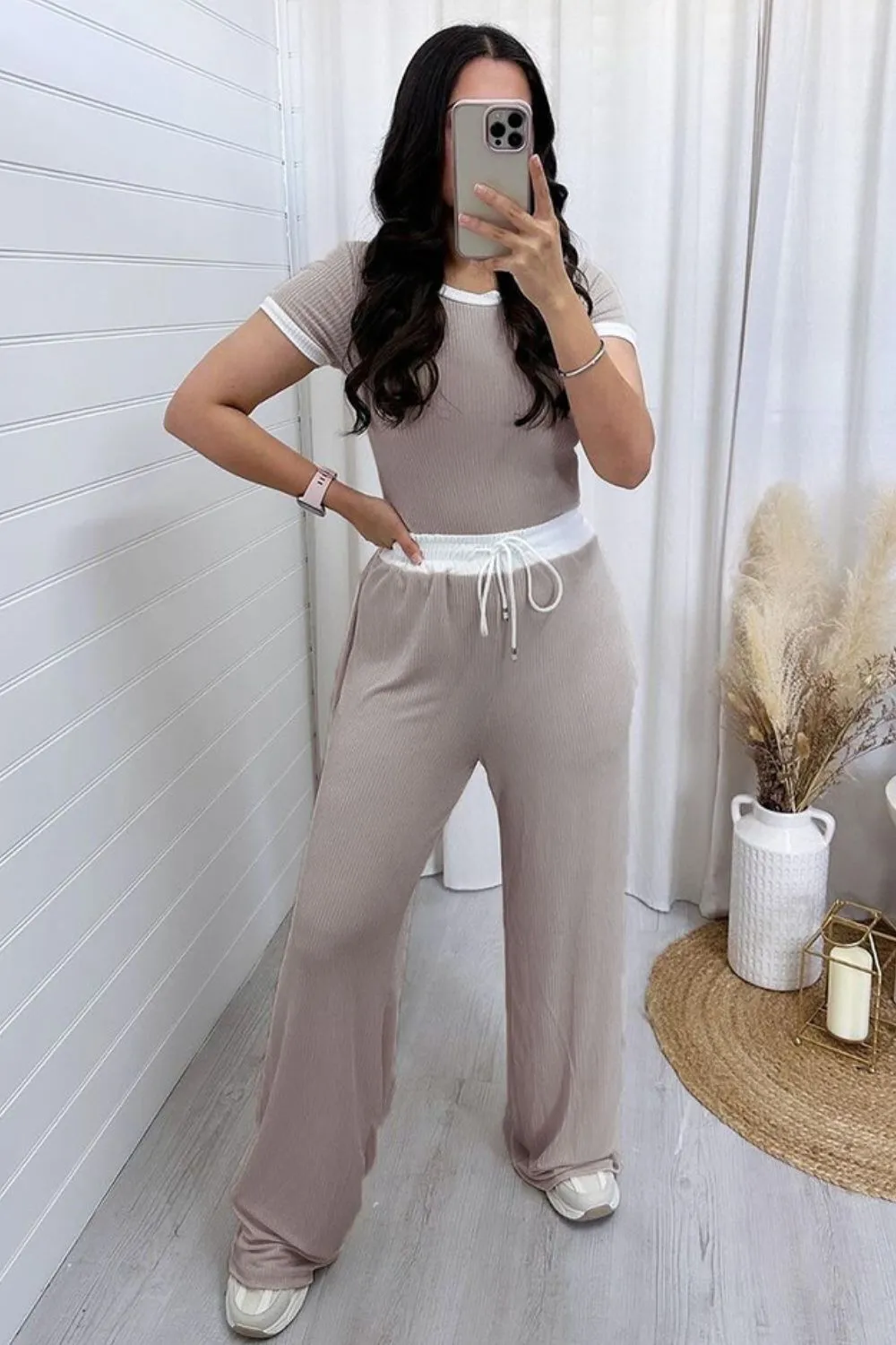Contrast Trim Round Neck Top and Pants Set, image 5