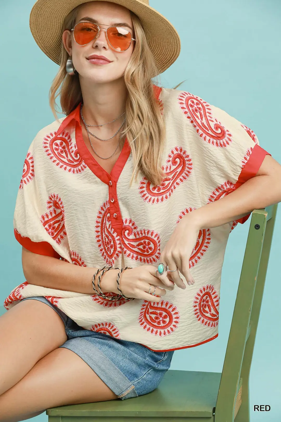 Paisley Print Contrast Trim Top, image 5