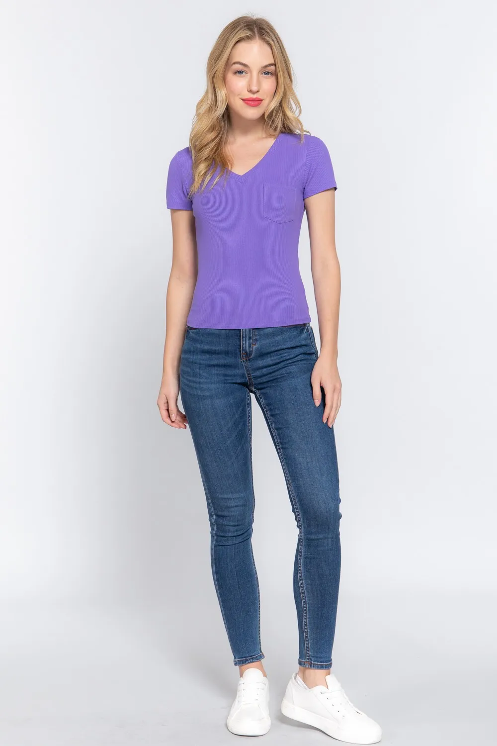 V-Neck Ribbed Short Sleeve Knit T-Shirt, image 4