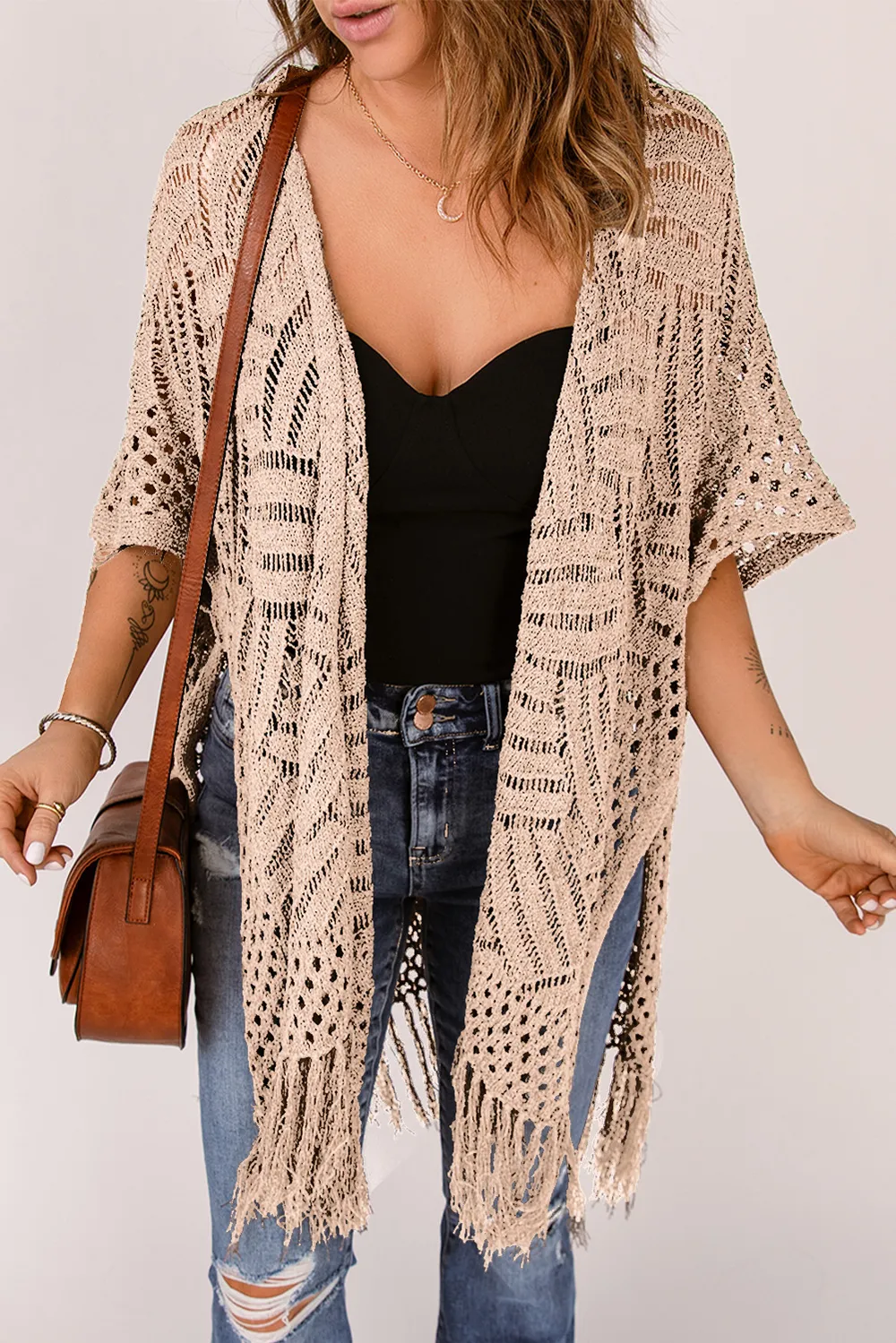 Openwork Open Front Cardigan with Fringes, image 10