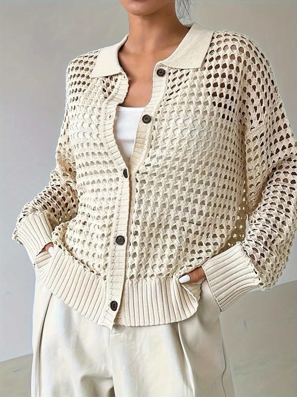 Hollow Out Knit Button Front Cardigan, image 2