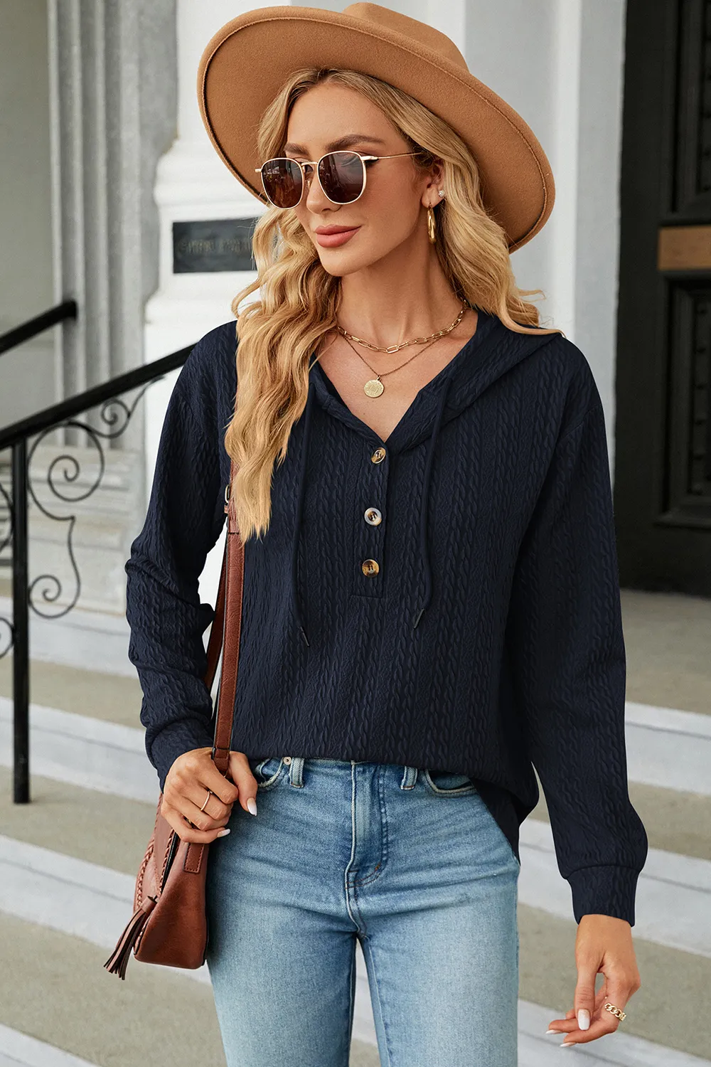 Drawstring Half Button Long Sleeve Hoodie, image 8