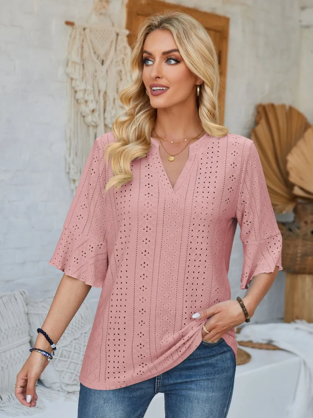 Eyelet Notched Half Sleeve T-Shirt, image 16