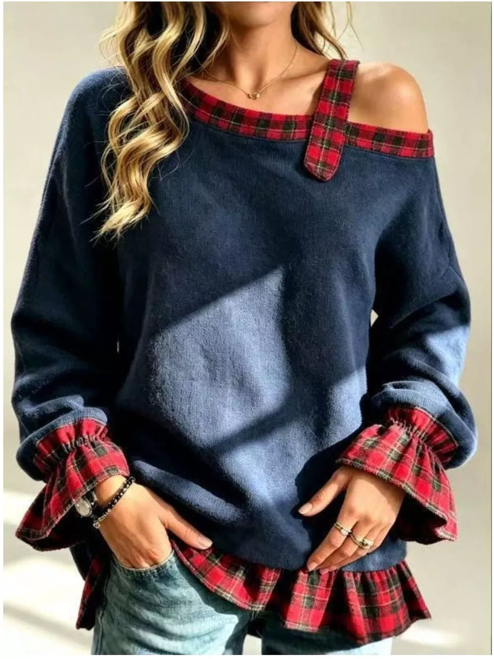 Full Size Cold-Shoulder Plaid Patchwork Long Sleeve Top Plus Size, image 2