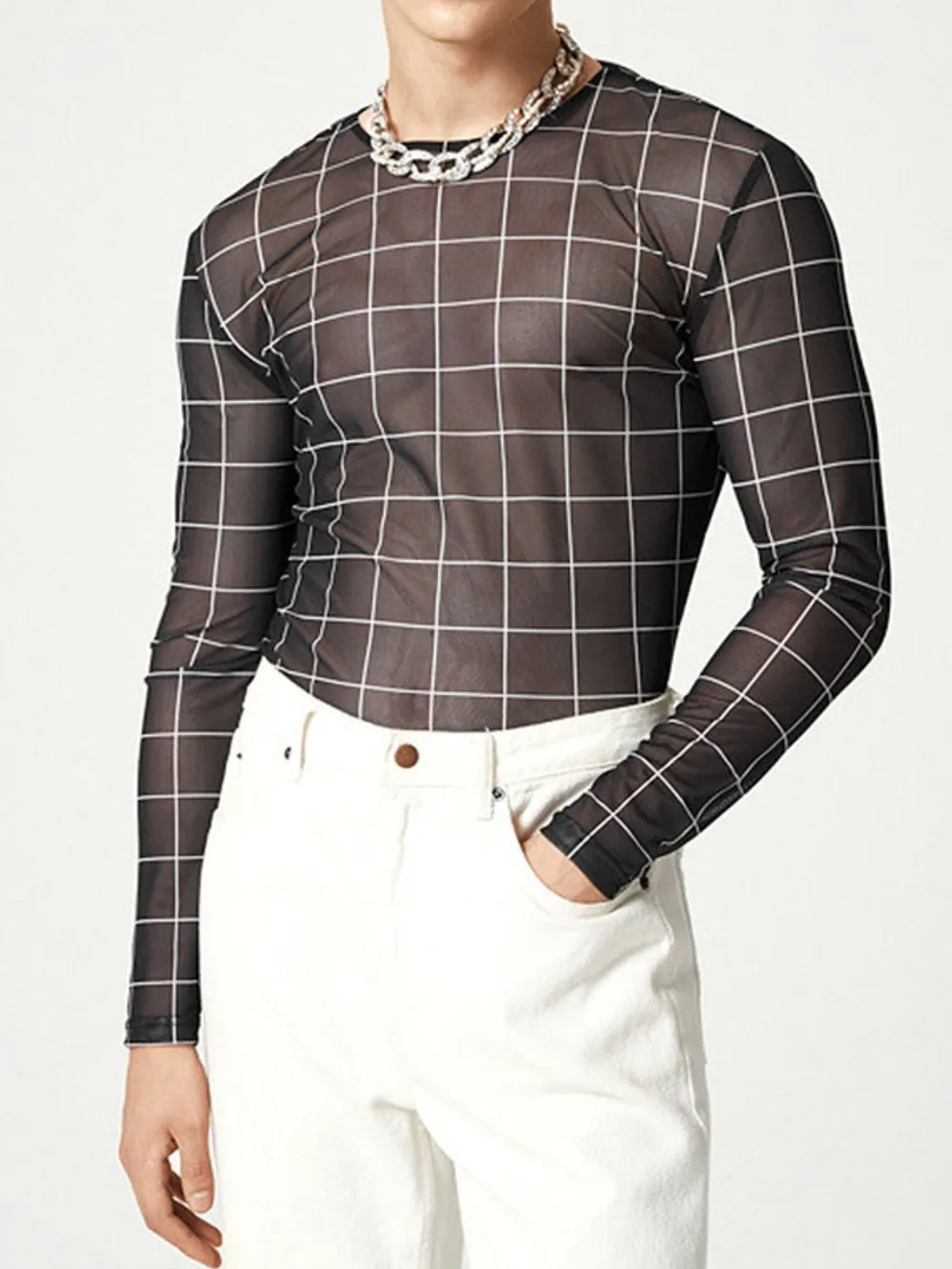 Men's Full Size Plaid Round Neck Long Sleeve Top Plus Size