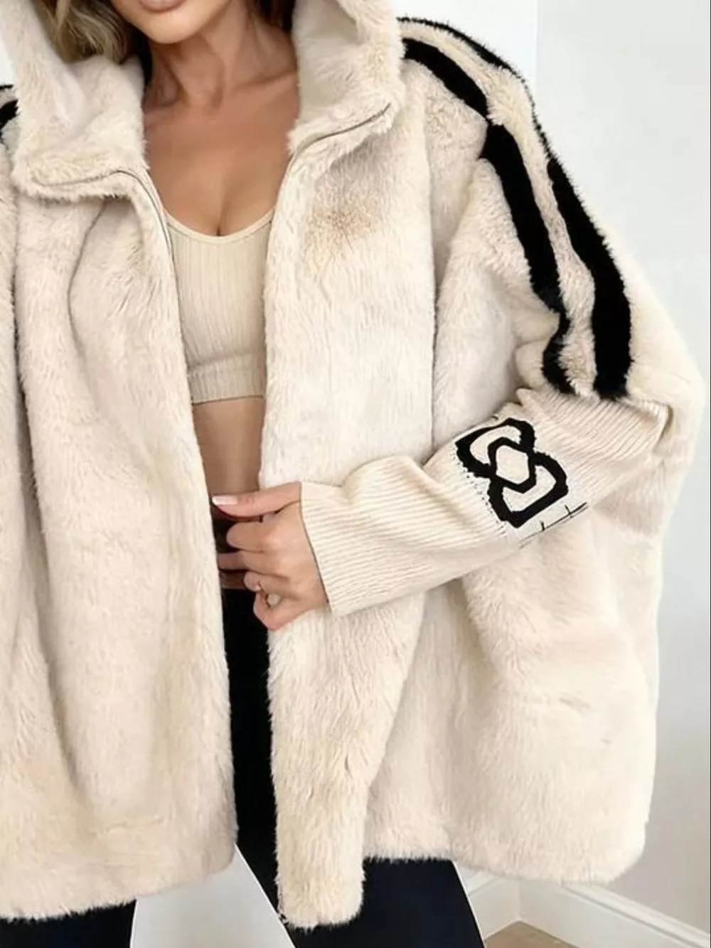 Hooded Faux Fur Striped Trim Outerwear, image 4