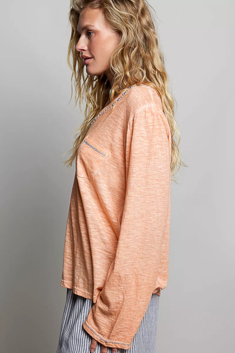 POL Contrast Stitch V-Neck Lightweight Knit Long Sleeve Top, image 2