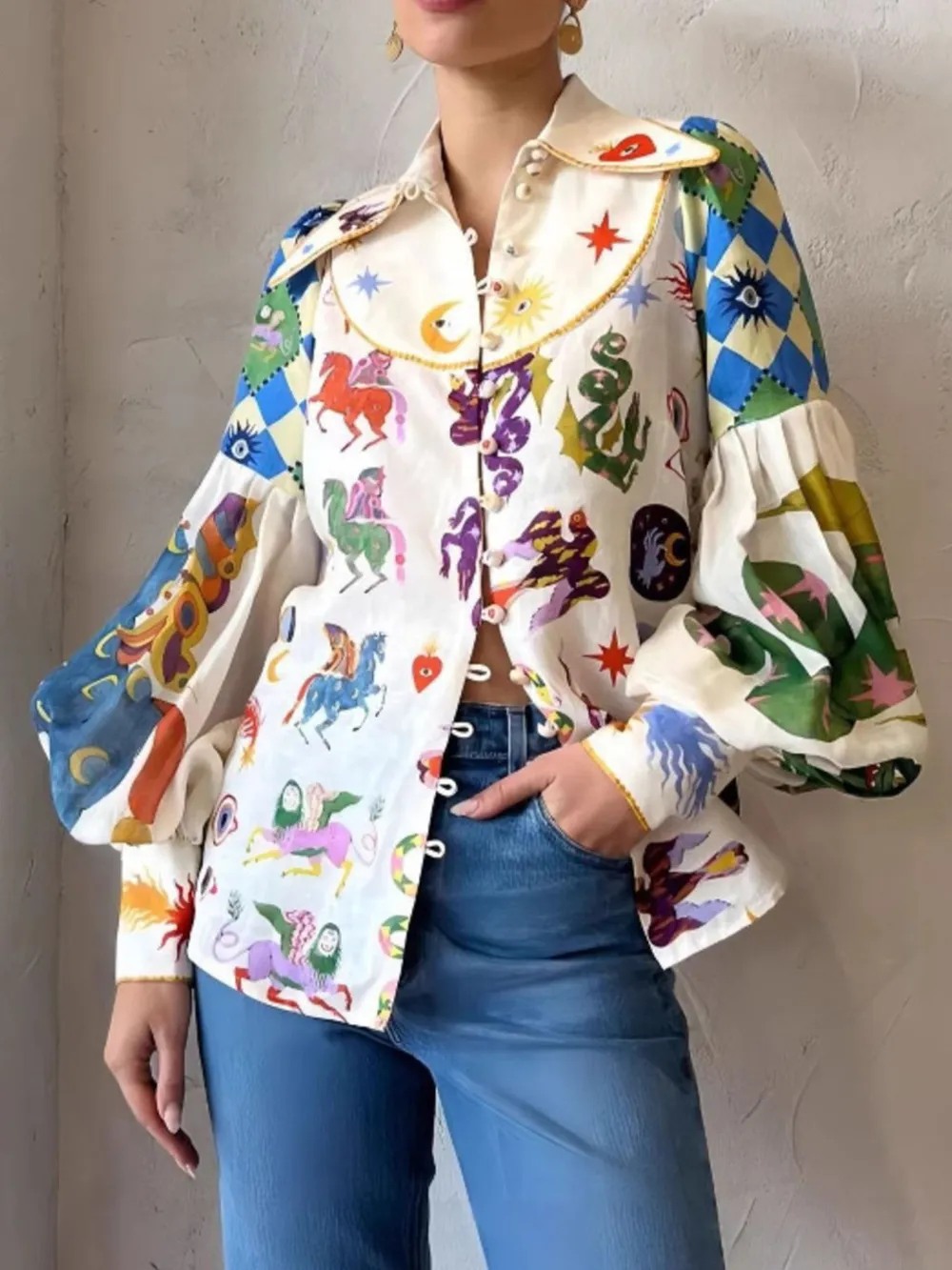 Printed Button Up Lantern Sleeve Shirt, image 2