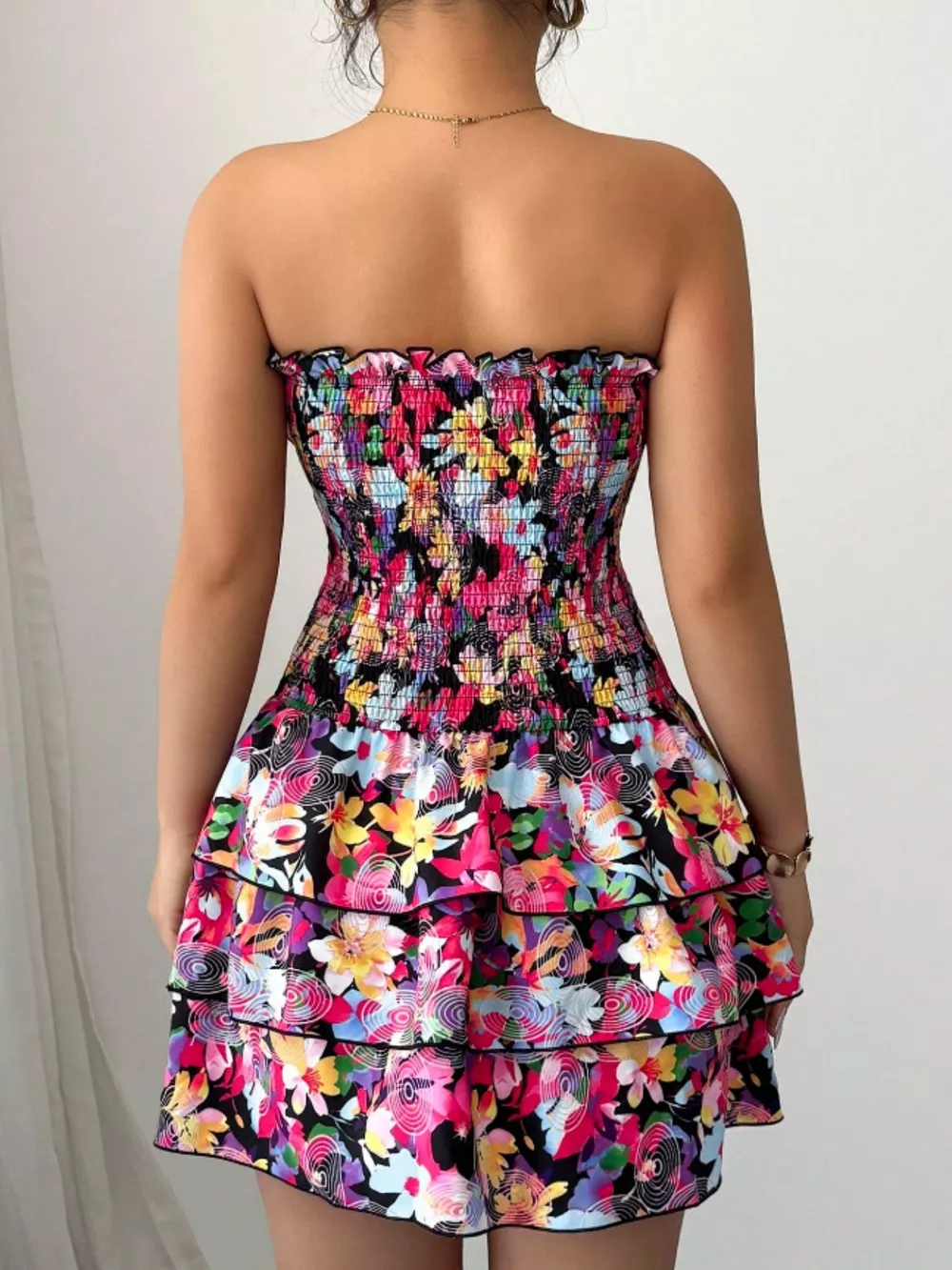 Strapless Smocked Floral Tiered Mini Dress, image 5