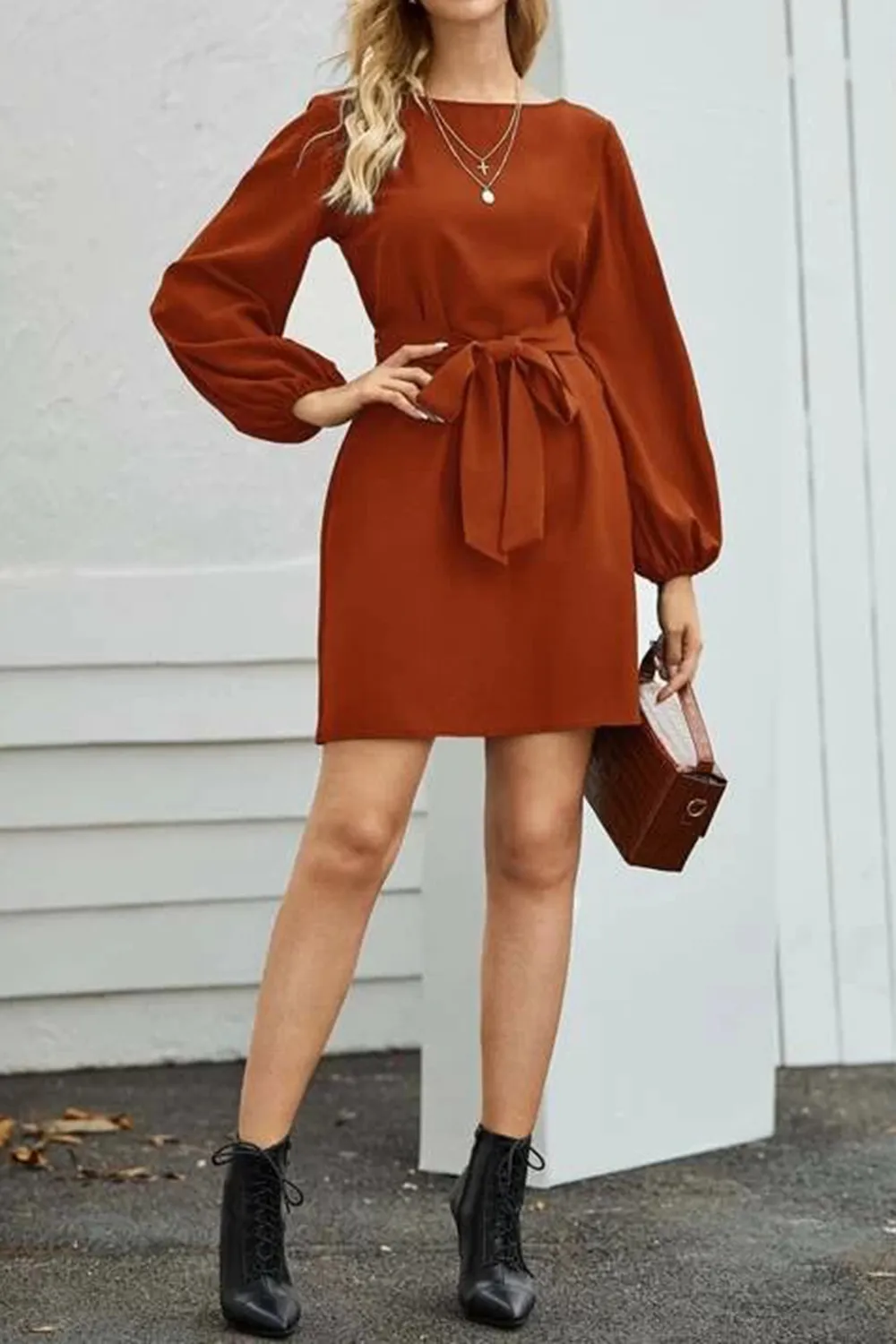 Tied Boat Neck Balloon Sleeve Mini Dress, image 30