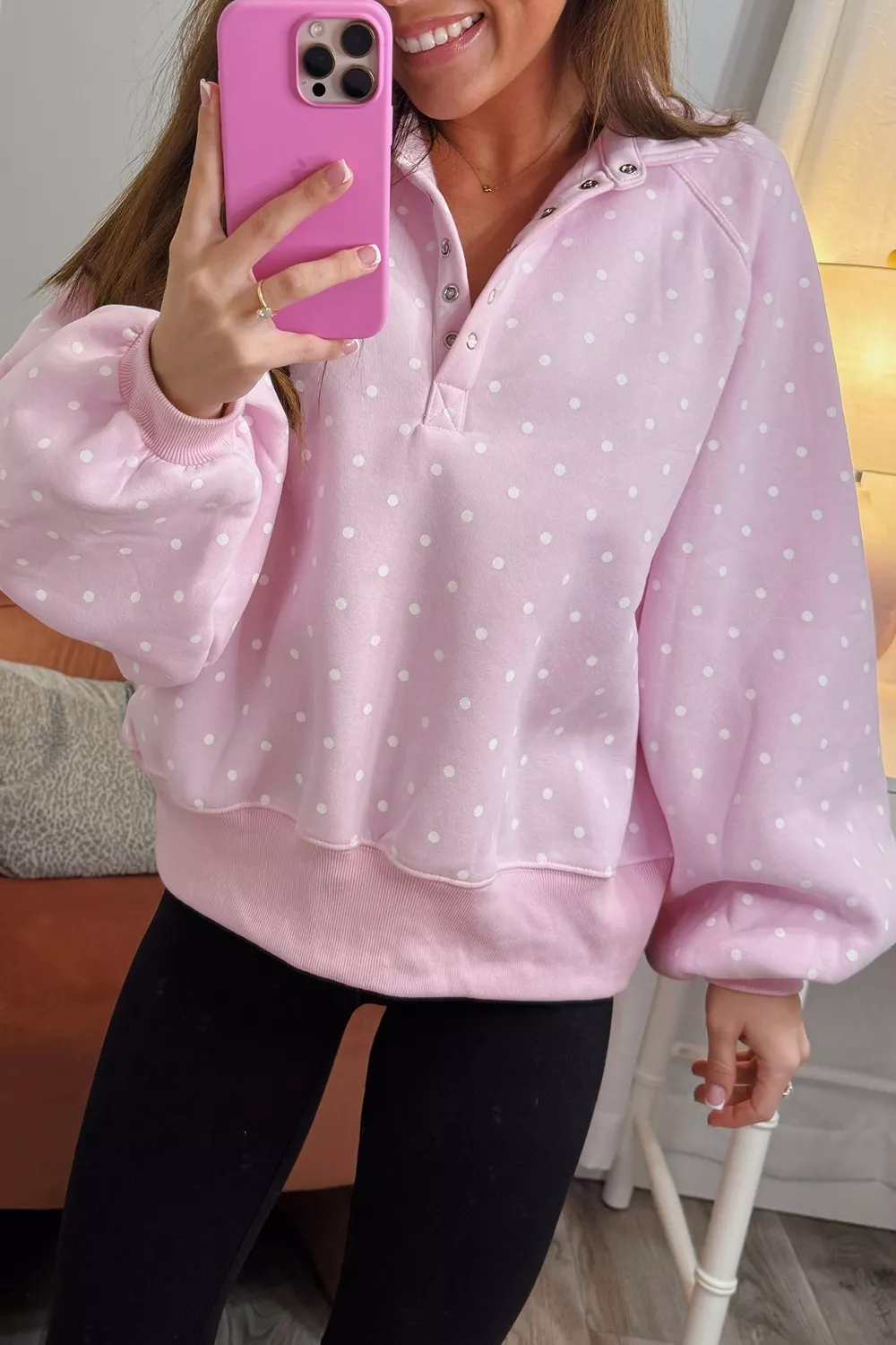 Polka Dot Print Metal Button Collar Casual Pullover Sweatshirt, image 2