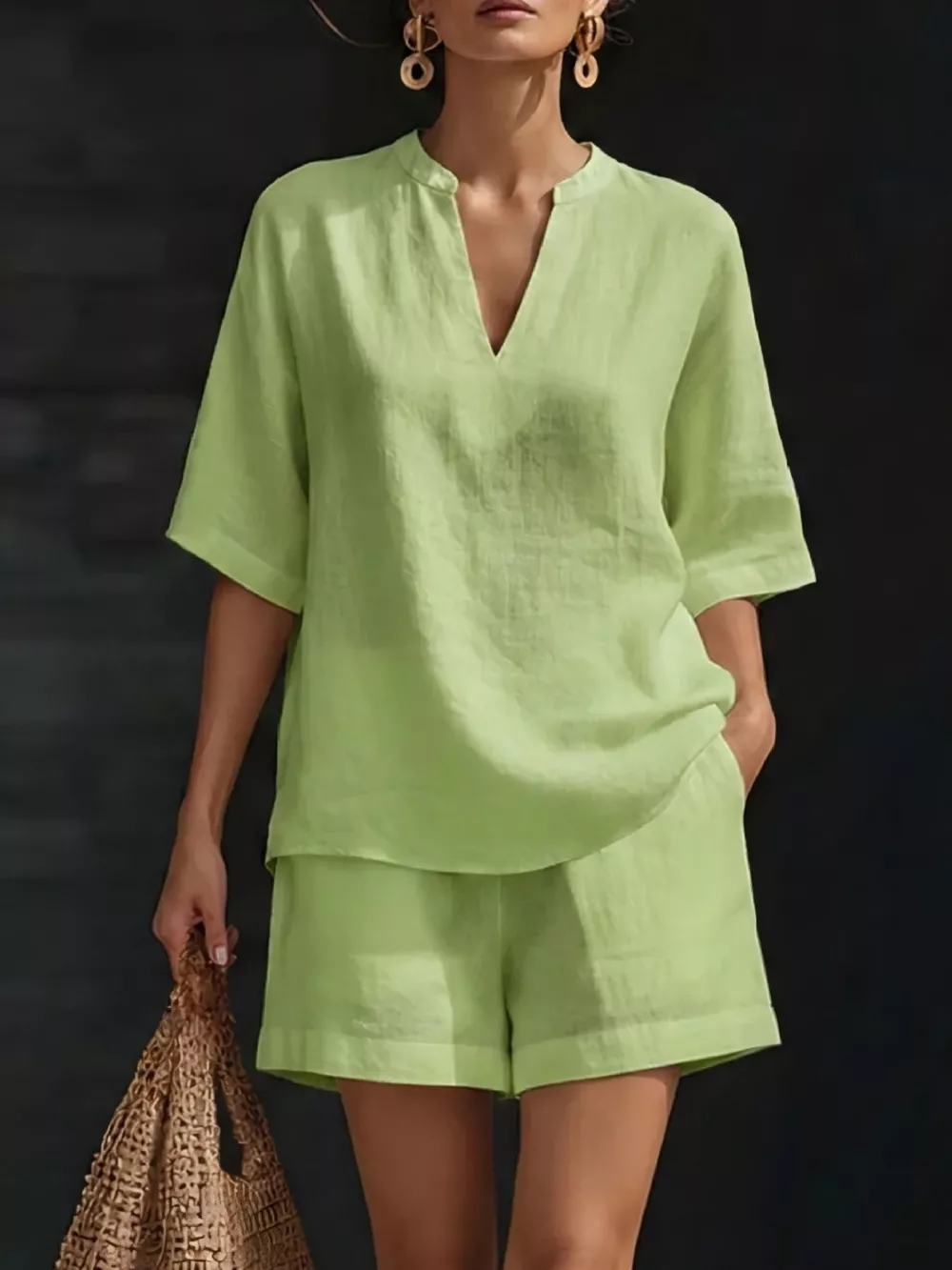 Full Size Notched Half Sleeve Top and Shorts Set Plus Size, image 11