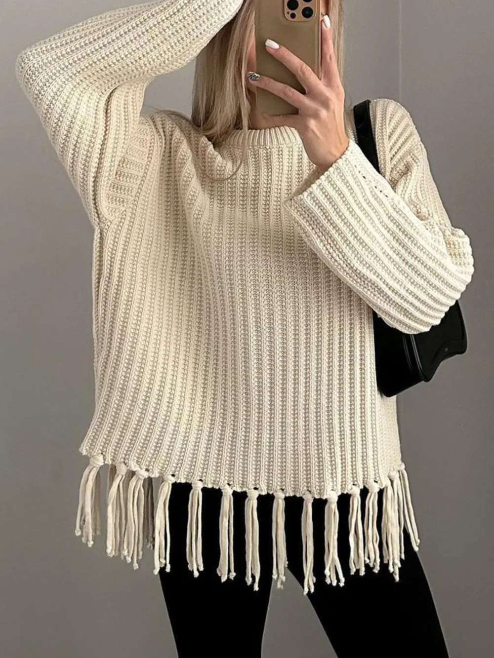 Fringe Round Neck Long Sleeve Sweater, image 2
