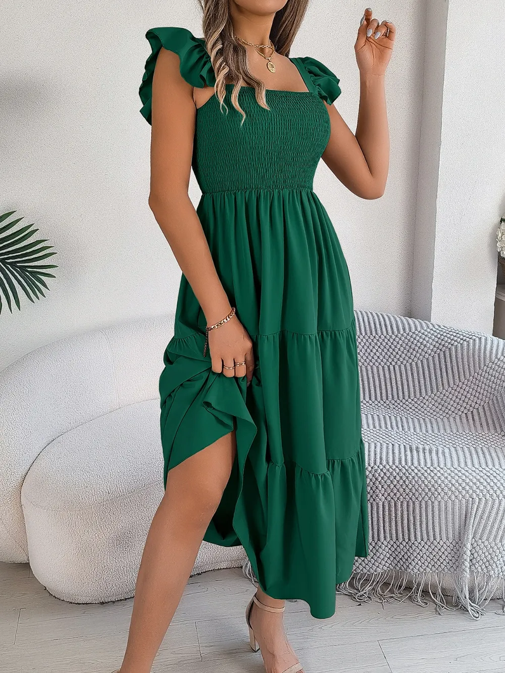 Smocked Square Neck Cap Sleeve Midi Dress, image 8