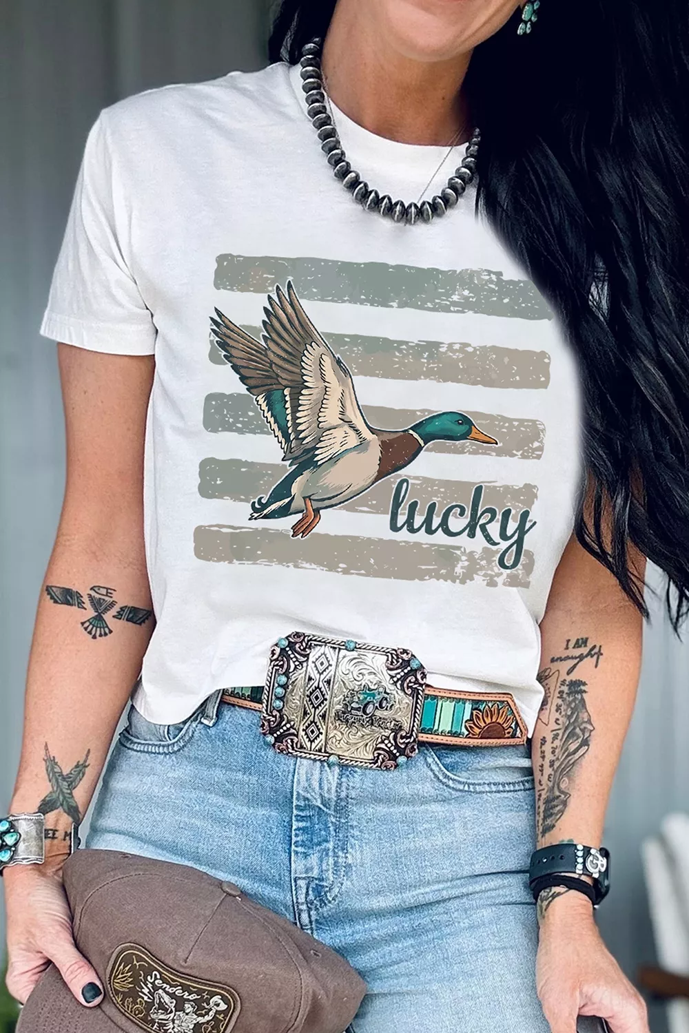Full Size Retro Mallard Striped Print Casual Short Sleeve T Shirt Plus Size, image 5
