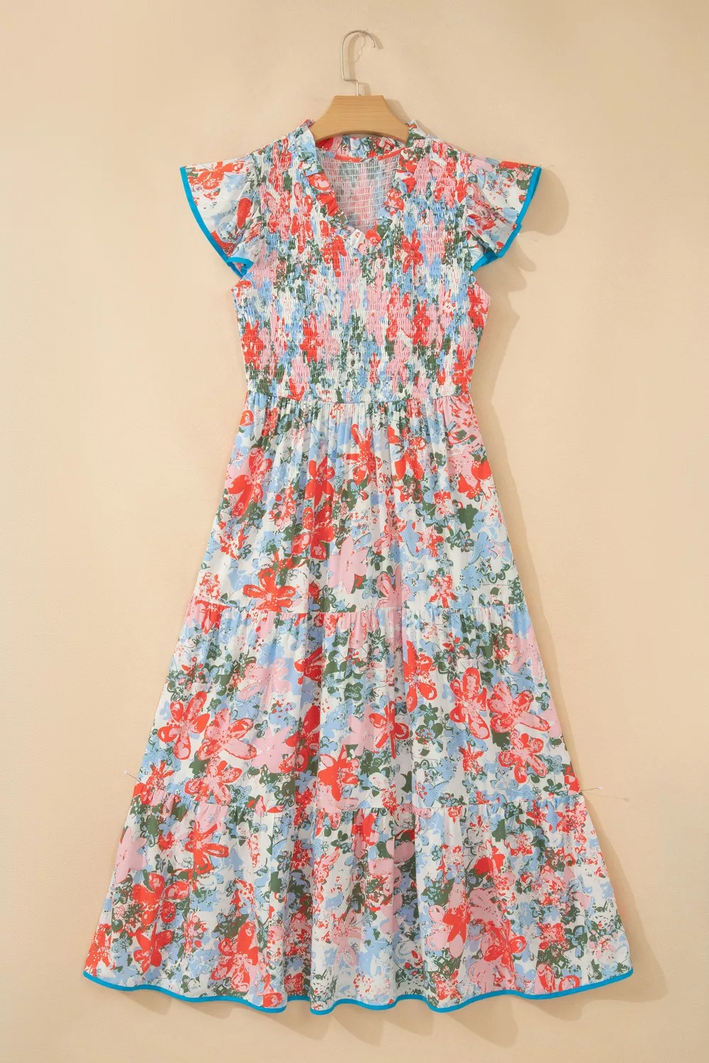 Floral Print V Neck Contrast Trim Flutter Sleeve Long Dress, image 4
