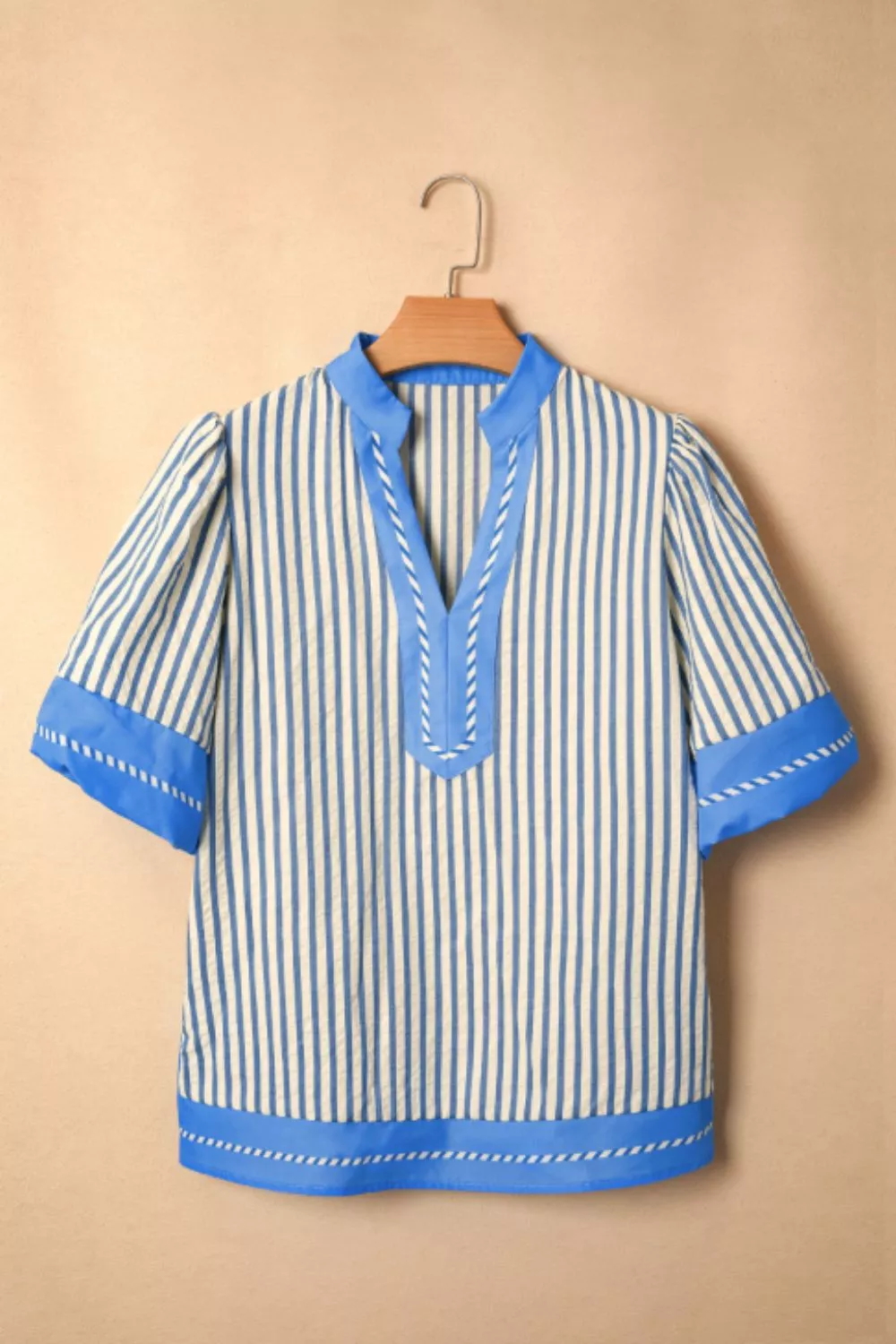 Stripe Color Block Detail V Neck Short Sleeve Blouse, image 4