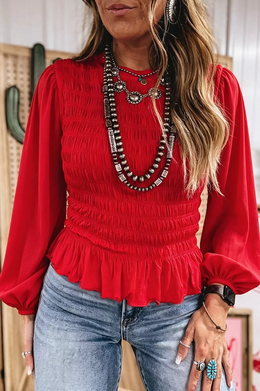 Smocked Balloon Sleeves Peplum Blouse, image 2
