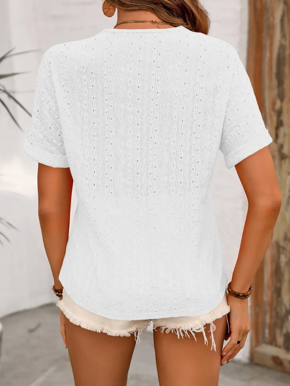 Eyelet V-Neck Short Sleeve Top, image 5