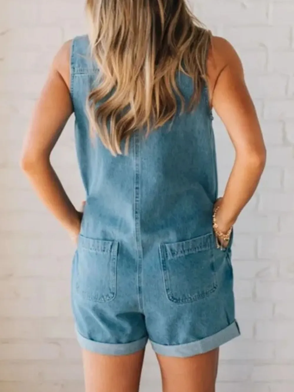 Zip Front Sleeveless Denim Romper, image 6