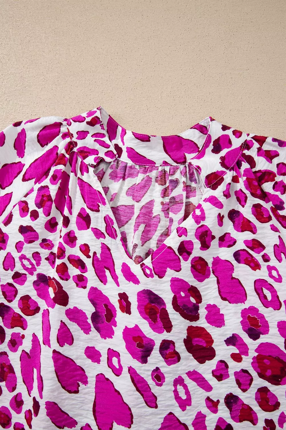 Leopard Print V Neck Puffy Half Sleeve Blouse, image 6