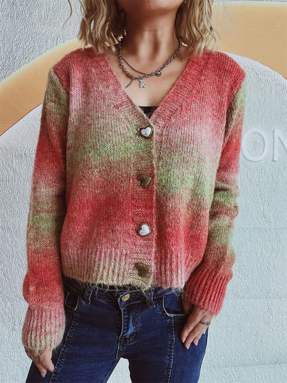Gradient Heart Shape Button V-Neck Cardigan, image 4