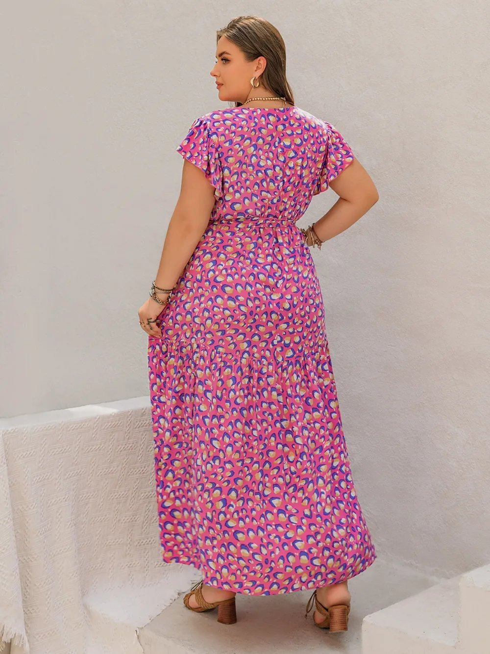 Plus Size Printed V-Neck Flutter Sleeve Tie Waist Maxi Dress, image 2