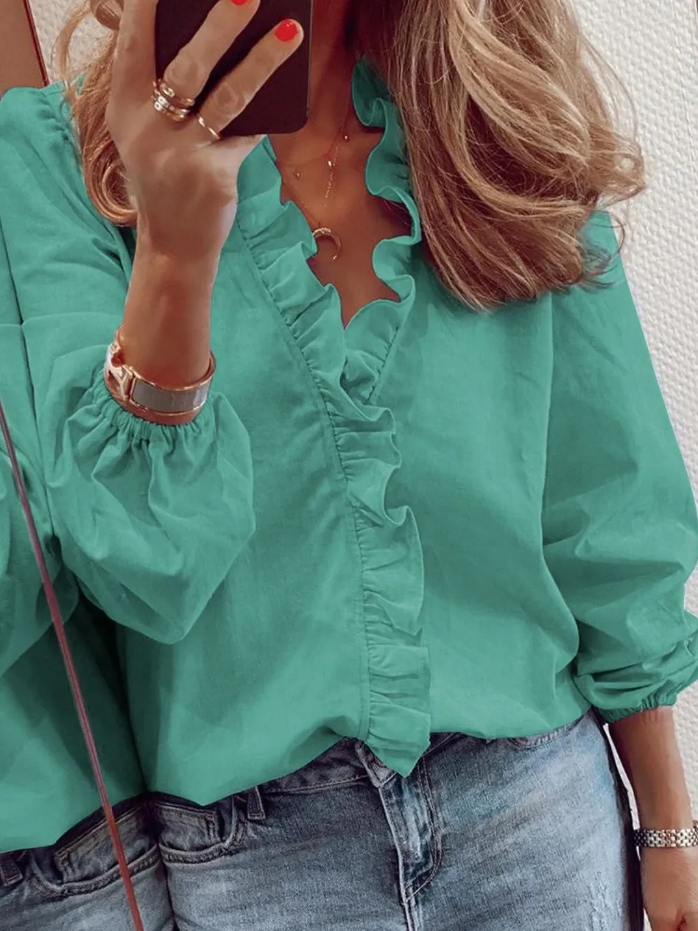 Ruffled V-Neck Long Sleeve Blouse, image 7