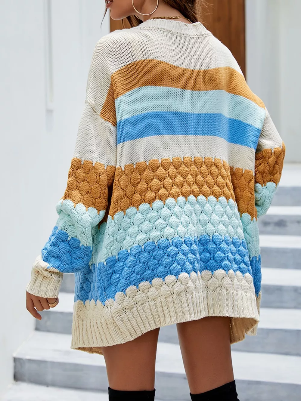 Chunky Knit Color Block Open Front Cardigan, image 2