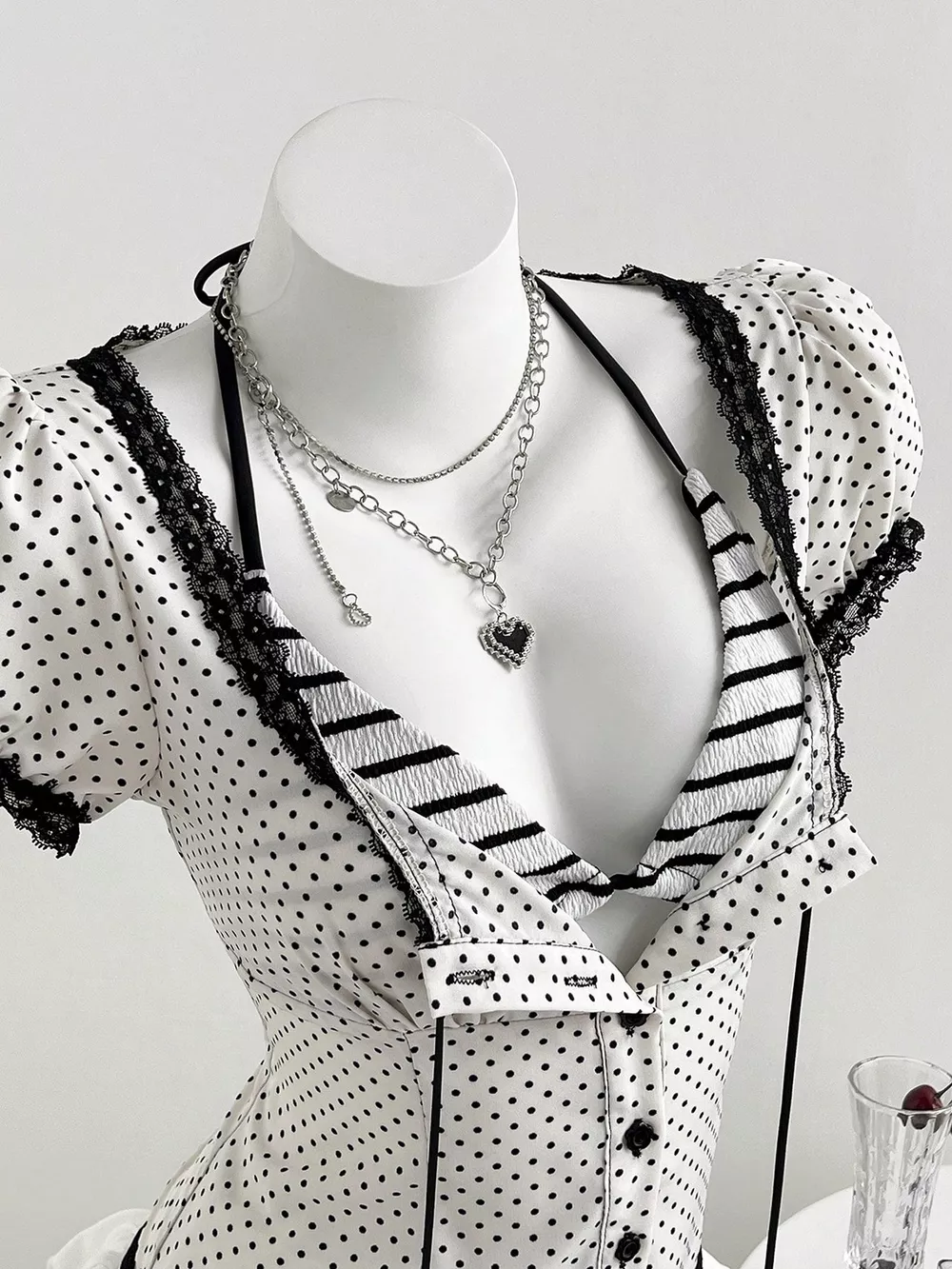 Polka Dot Lace Trim Puff Sleeve Top, image 3