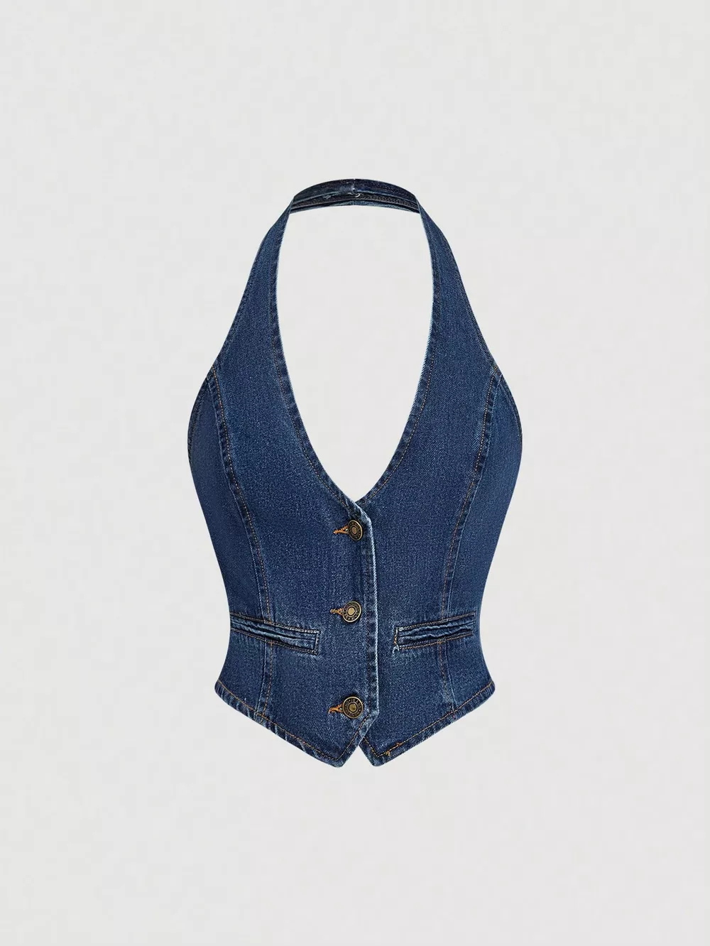 Halter Neck Denim Vest and Wide-Leg Jeans Set, image 3