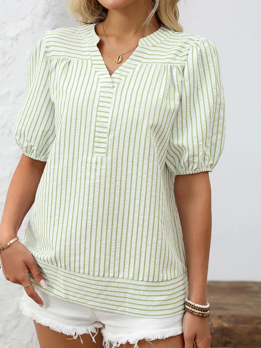 Striped Notched Puff Sleeve Blouse, image 6