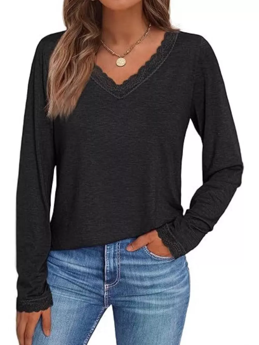 Lace Trim V-Neck Long Sleeve T-Shirt, image 3
