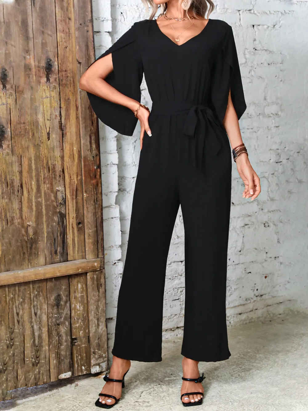 Tied V-Neck Half Sleeve Wide Leg Jumpsuit, image 3