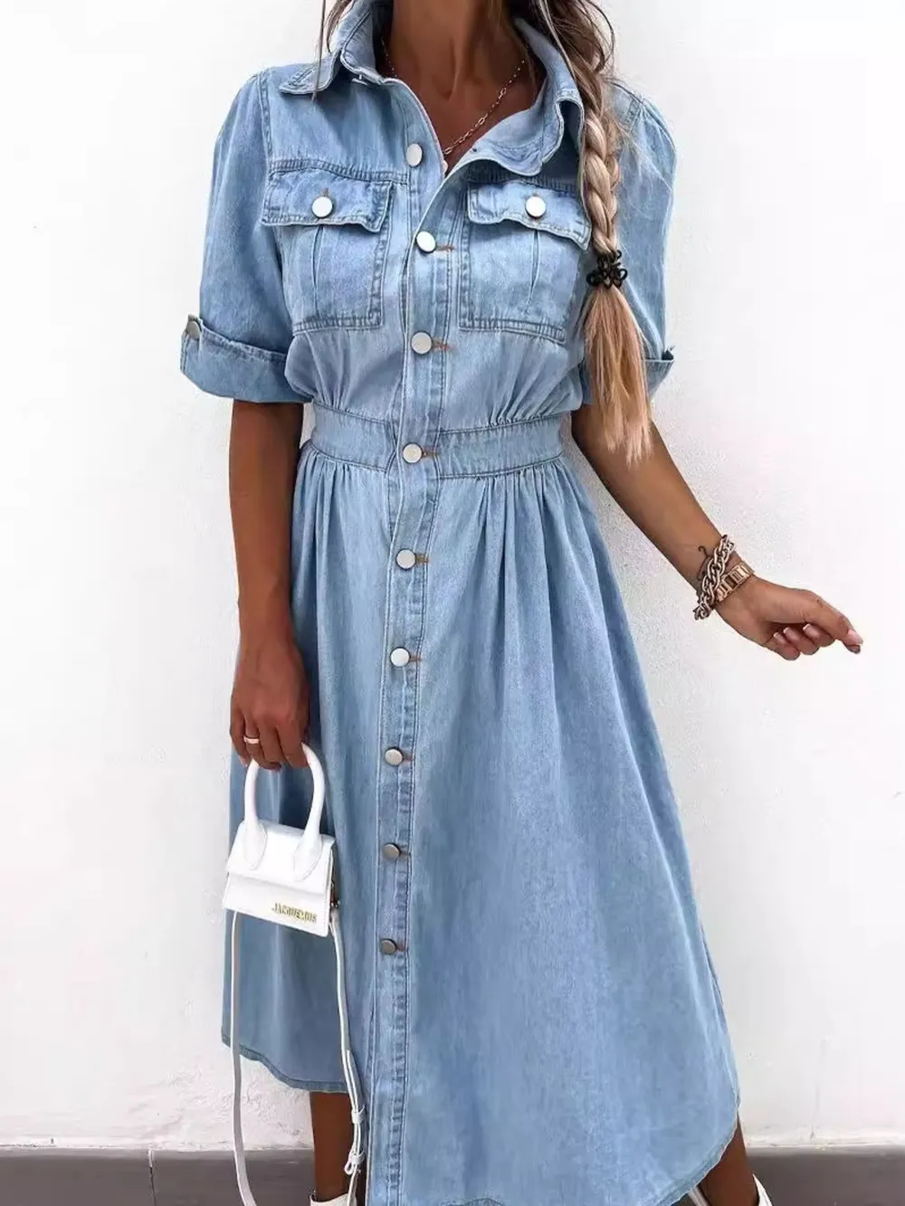 Full Size Button Down Roll-Up Sleeve Denim Shirt Dress Plus Size, image 2