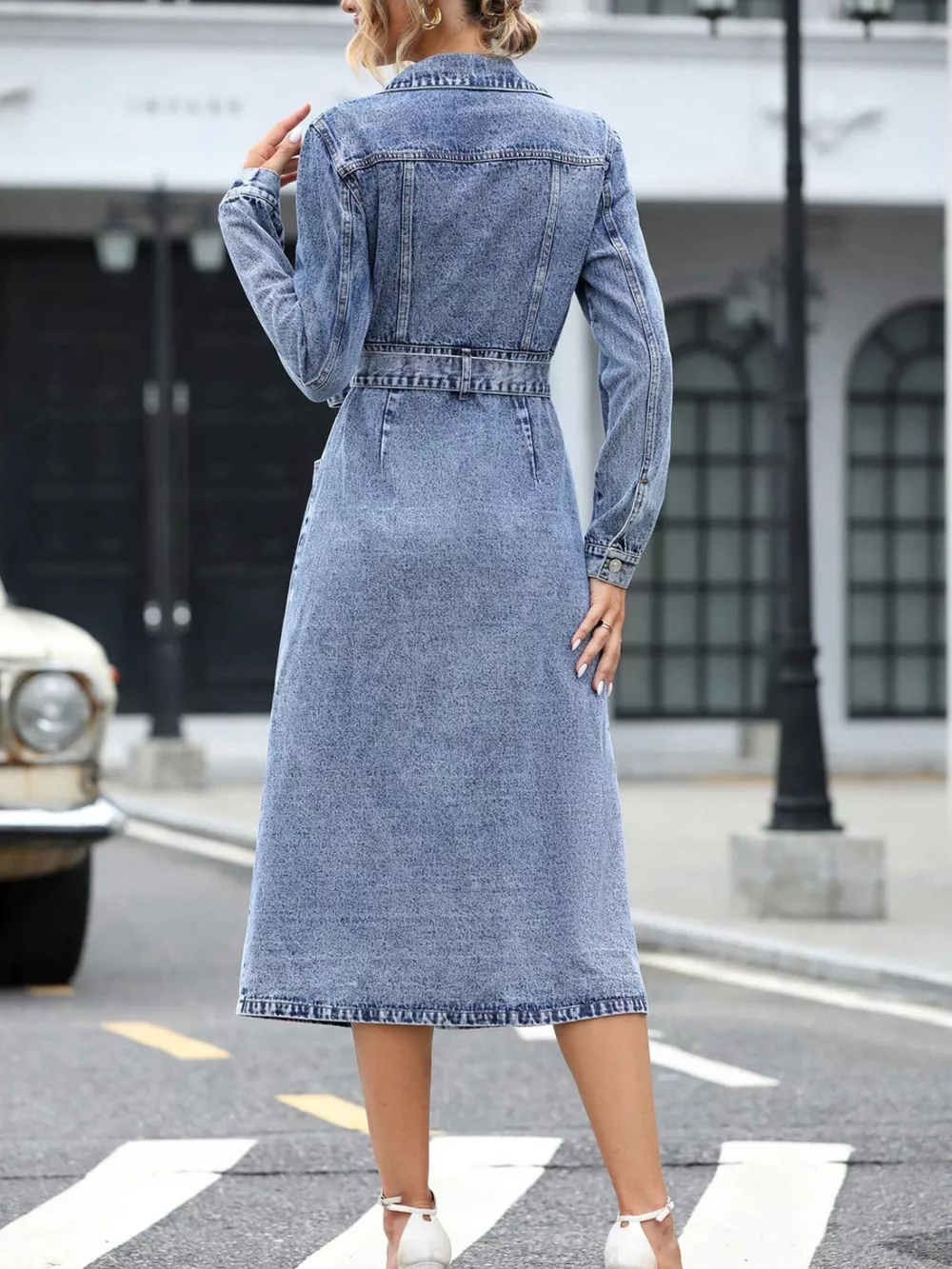 Belted Long Sleeve Denim Dress, image 12