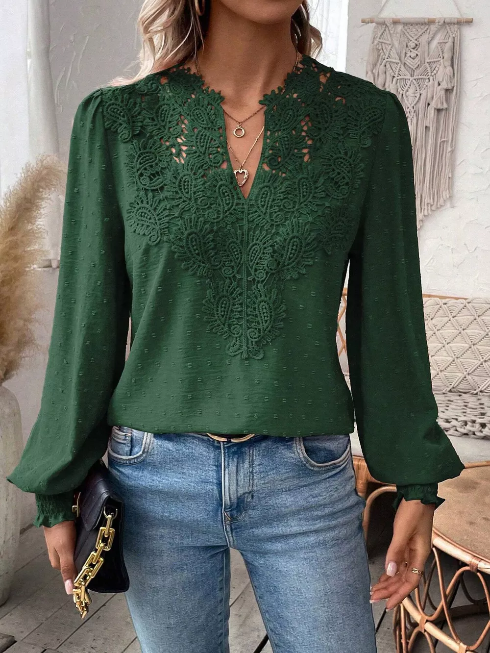 Swiss Dot Lace Detail Long Sleeve Blouse, image 12
