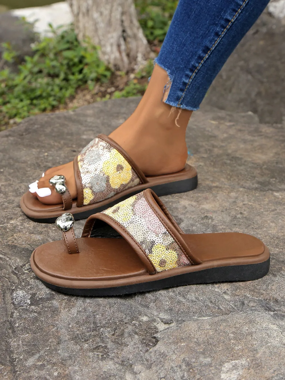 Sequin Toe Loop Flats Sandals, image 11