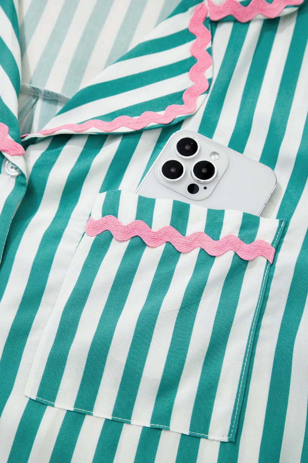 Stripe Contrast Ricrac Trim Long Sleeve Shirt Drawstring Ruffled Pajama Short Set, image 8