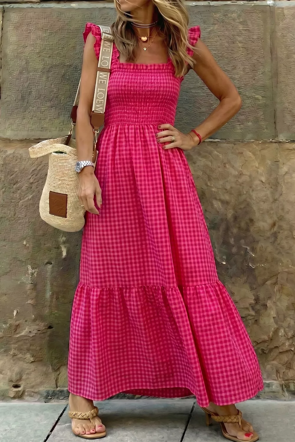 Plaid Square Neck Fit-and-flared Vacation Sundress, image 2