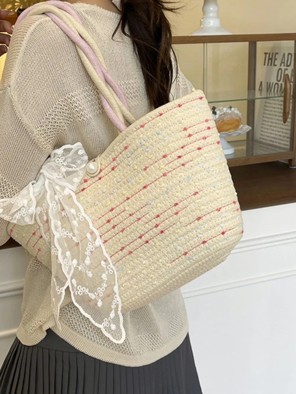 Woven Straw Shoulder Bag with Lace Bow Detail, image 2